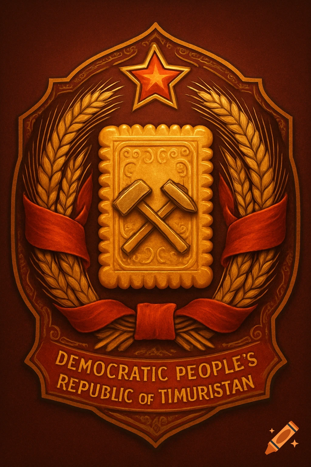 A fictional coat of arms featuring a golden biscuit with crossed hammers, framed by wheat stalks, a red ribbon, and a red star, with text 'DEMOCRATIC PEOPLE'S REPUBLIC OF TIMURISTAN' below.