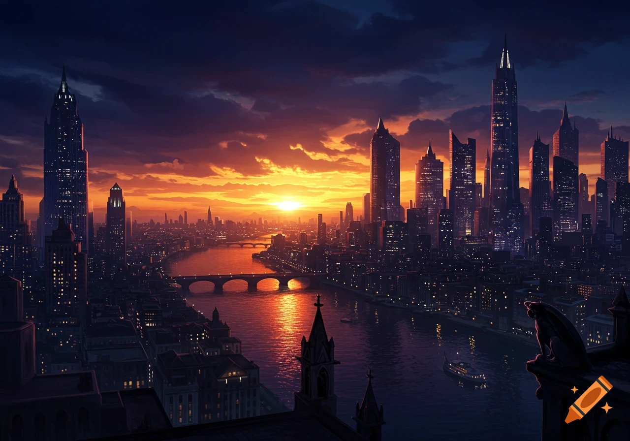 A detailed cityscape at sunset, featuring a river, bridges, modern skyscrapers, and a gargoyle, in a dramatic, dark style.