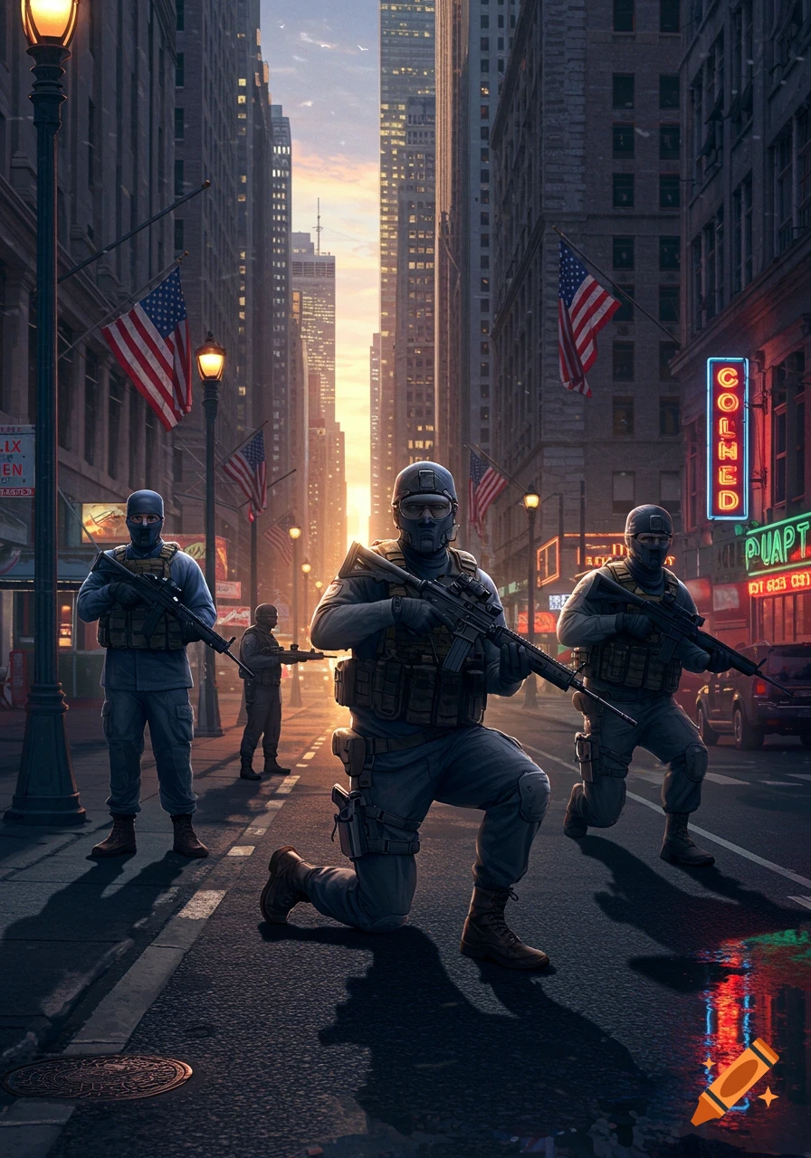 Armed men in tactical gear patrol a city street with skyscrapers and US flags at sunset.