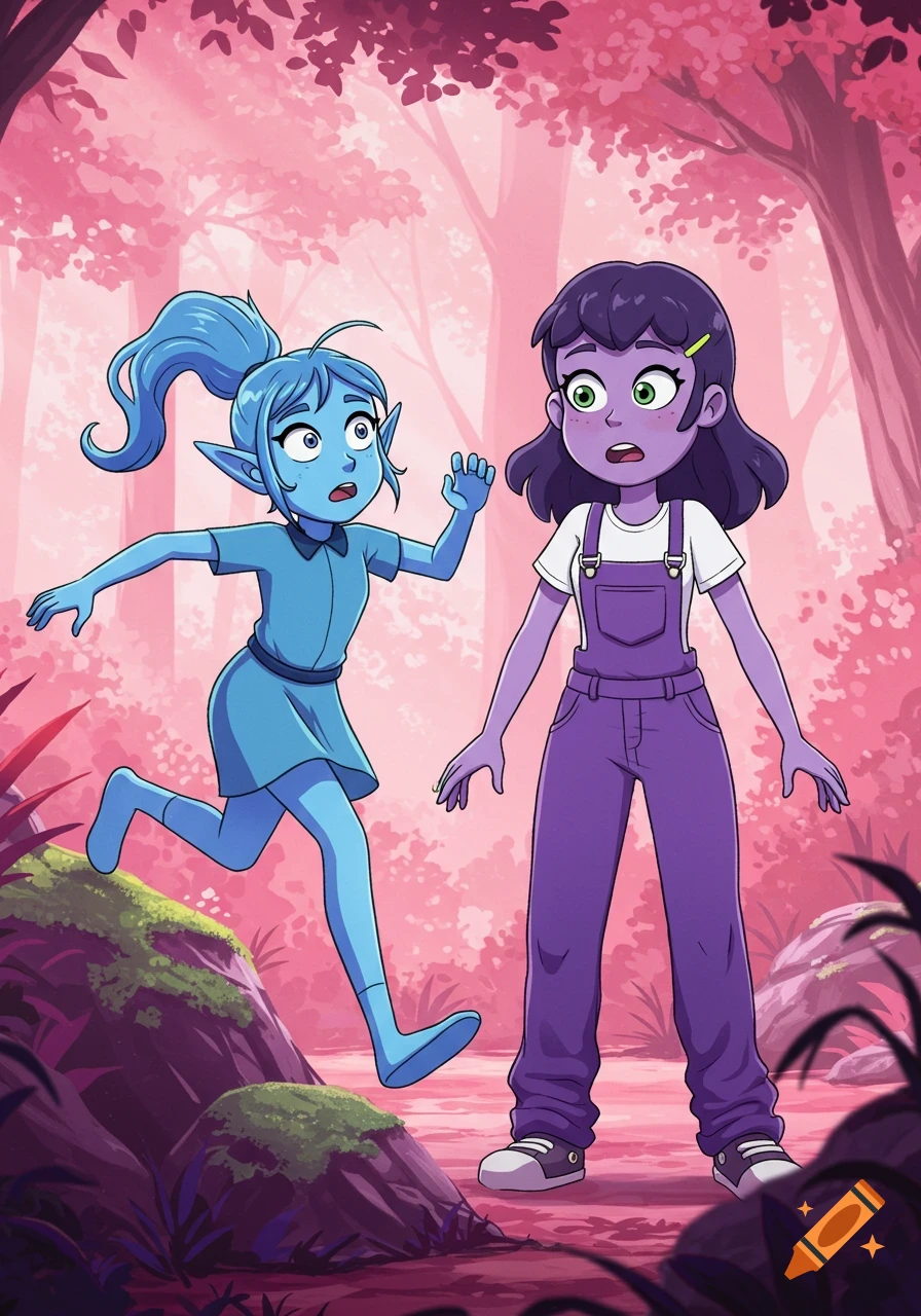Anime-style illustration of a blue-skinned girl running in a pink forest while a purple-skinned girl watches with surprise.