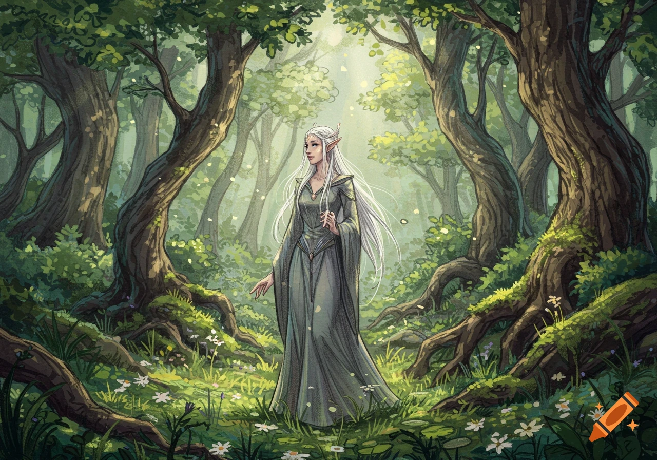 A female elf with long white hair in a green dress stands in a magical forest with tall trees and white flowers, illustration.