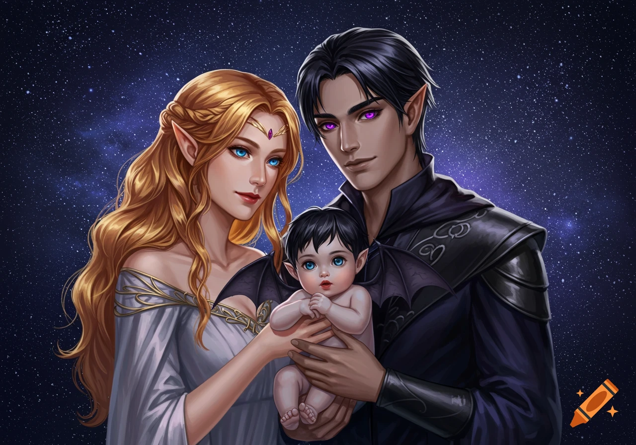 A golden-haired elven woman and a black-haired elven man hold their bat-winged baby against a starry night sky, realistic digital art.