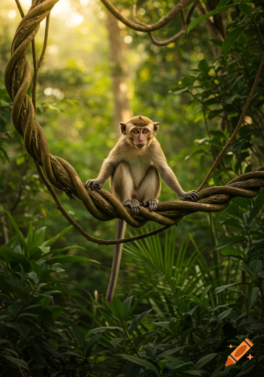 A photorealistic image of a monkey sitting on a twisted vine in a lush, sunlit jungle.