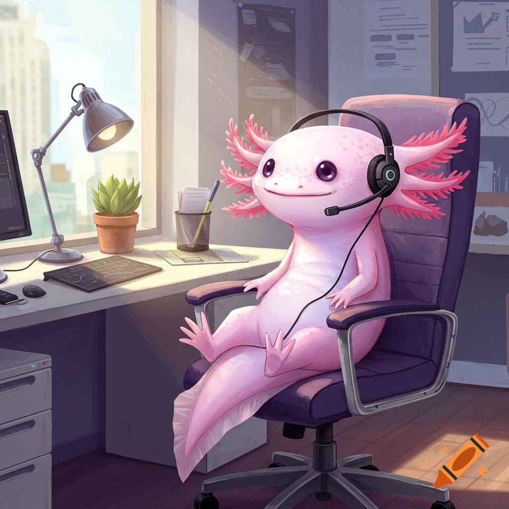 A cute pink axolotl sits in an office chair at a desk by a window, wearing a black headset with a microphone.