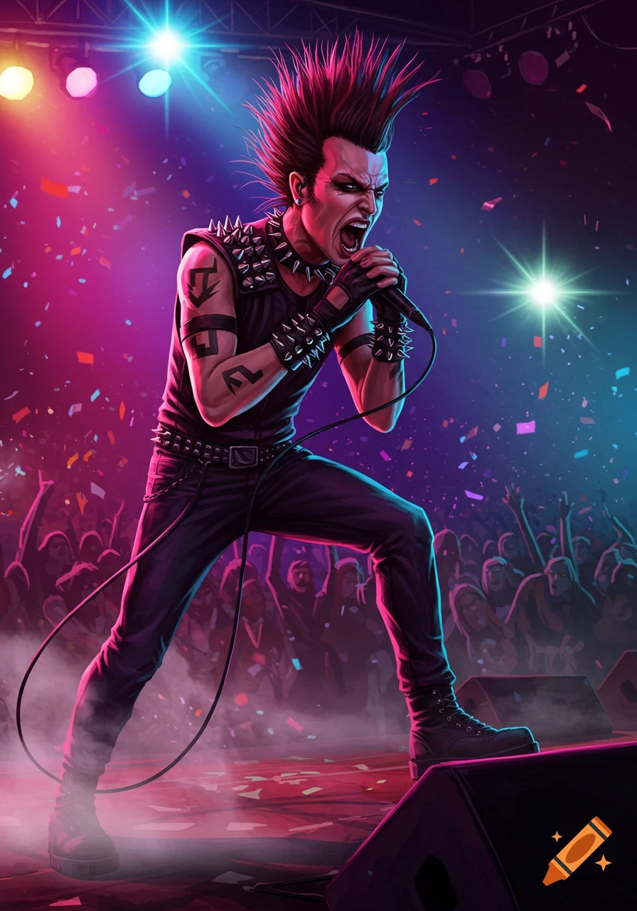 A punk rock singer with spiked hair and studded clothing screams into a microphone on stage, illuminated by colorful spotlights, with a crowd cheering in the background.