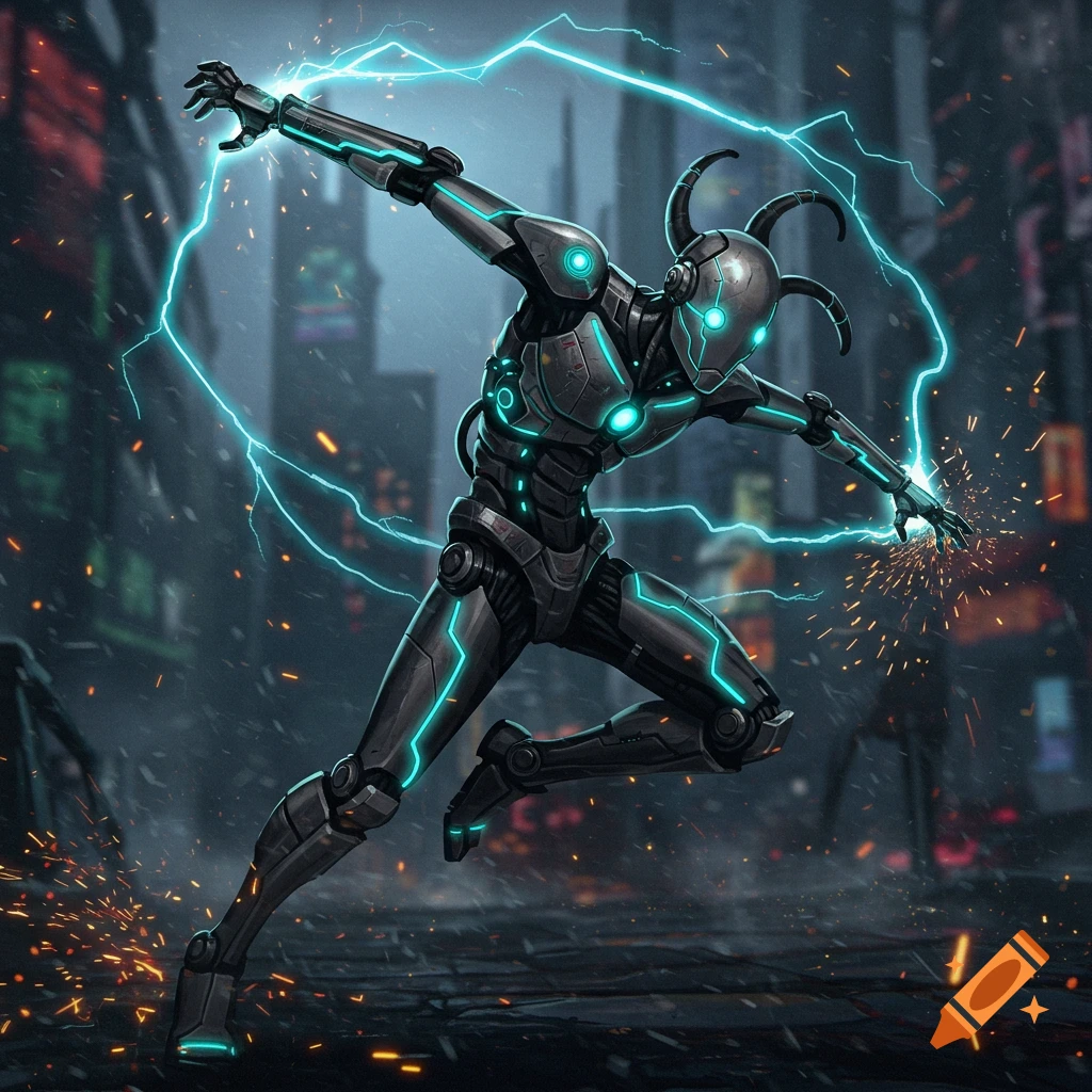A dark gray futuristic robot with horns and glowing blue accents poses dynamically with blue lightning in a dark, dystopian cityscape.
