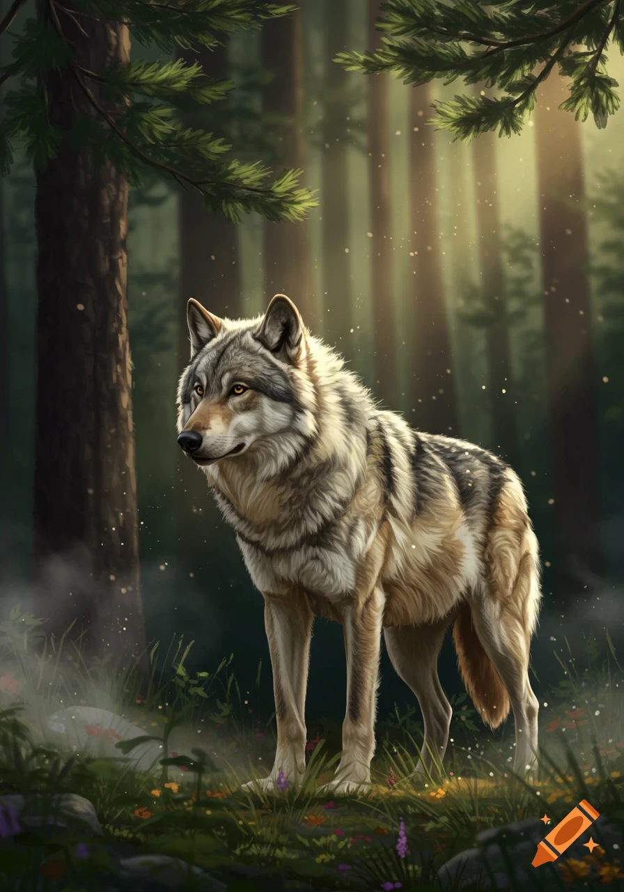A majestic grey wolf stands in a sunlit forest clearing, surrounded by trees and wildflowers.