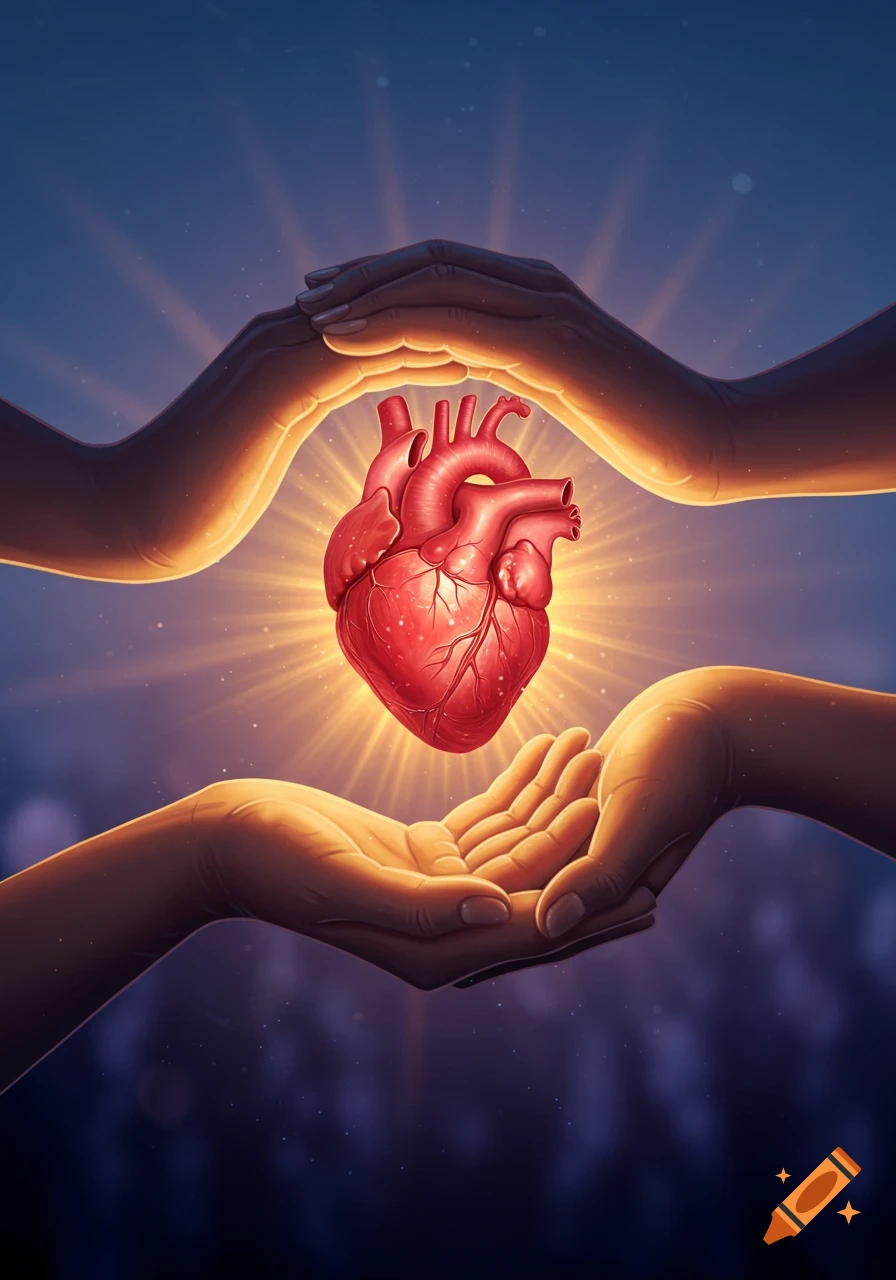 An anatomical human heart glows brightly, cradled between two pairs of hands, one above and one below, in a dark, stylized illustration.