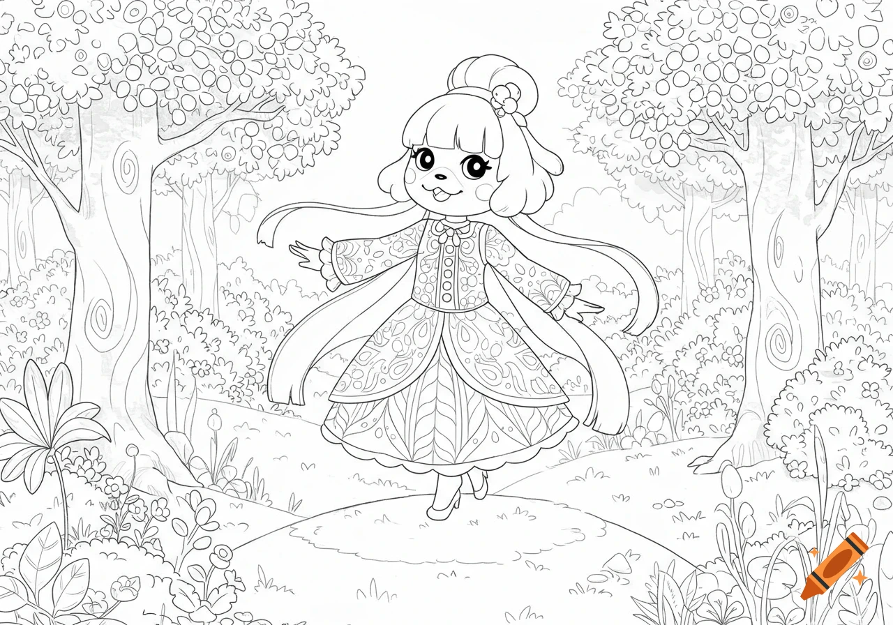 Line art coloring page of an anthropomorphic dog-like character in a fancy dress standing in a forest.