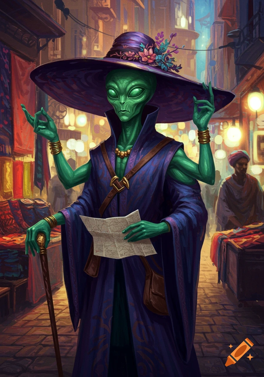 A four-armed green alien in a wide-brimmed hat and purple robe holds a map and a cane in a bustling market.