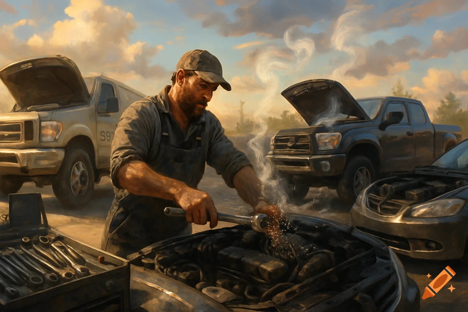 A grizzled mechanic in overalls works under a car hood with a wrench, other vehicles in background, painterly style.