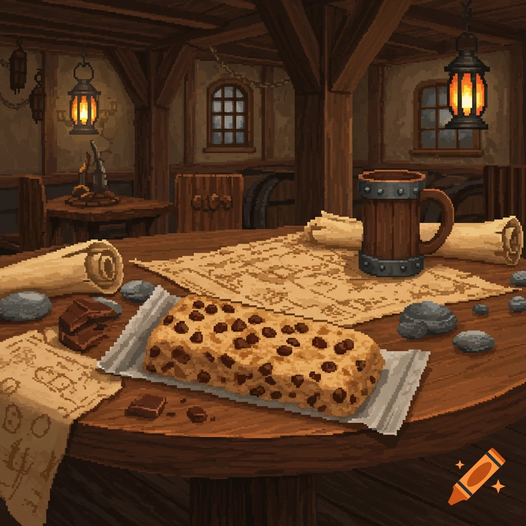 Pixel art of a chocolate chip cookie dough protein bar on a wooden table in a fantasy tavern, surrounded by maps, scrolls, and a wooden mug.