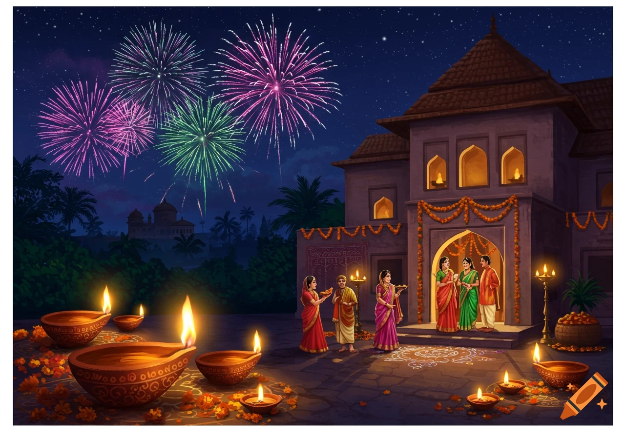 People celebrate Diwali outside a traditional building at night, surrounded by fireworks, lit oil lamps, and rangoli patterns.