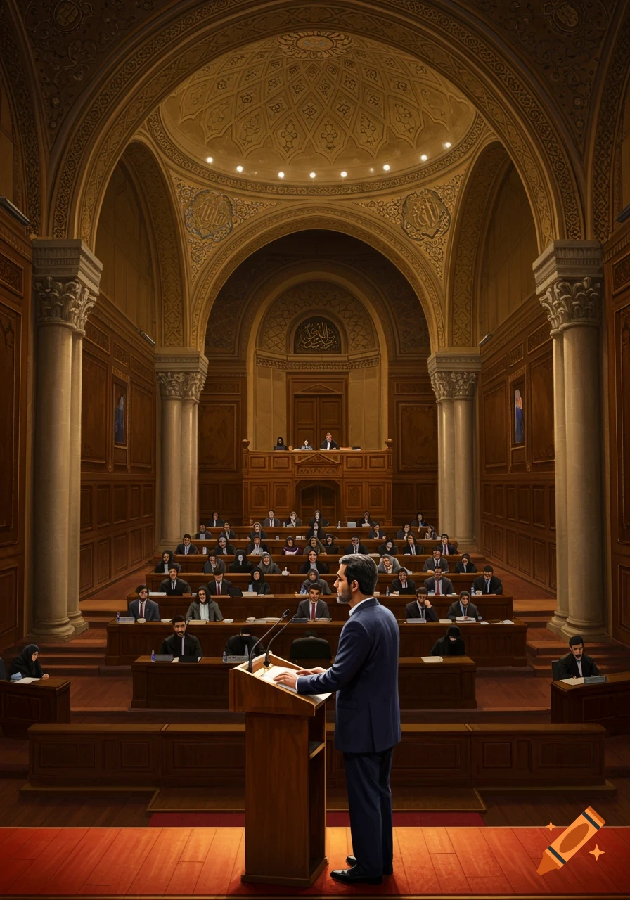 A man in a dark suit gives a speech from a wooden podium in a grand, ornate conference hall filled with an audience.