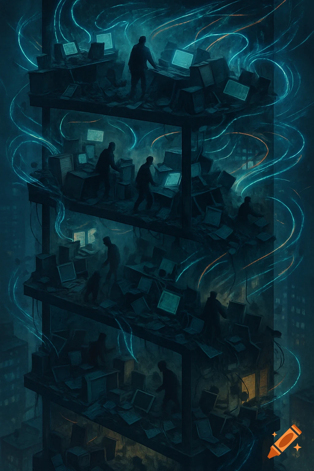 Silhouettes of people working amidst piles of old computers in a dark, multi-story structure with glowing energy lines, in a digital art style.
