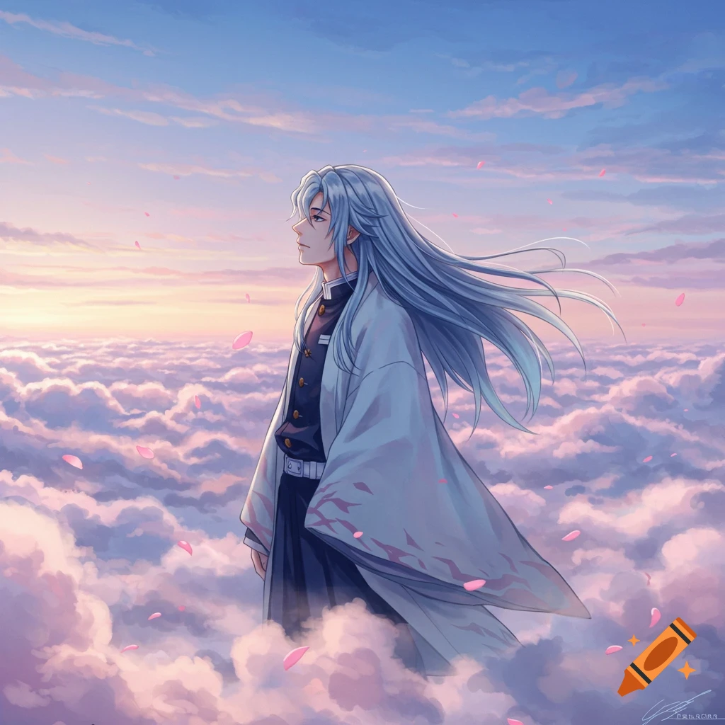 Anime character with long blue hair looking across a sky of pink and purple clouds at sunset, with cherry blossoms falling.