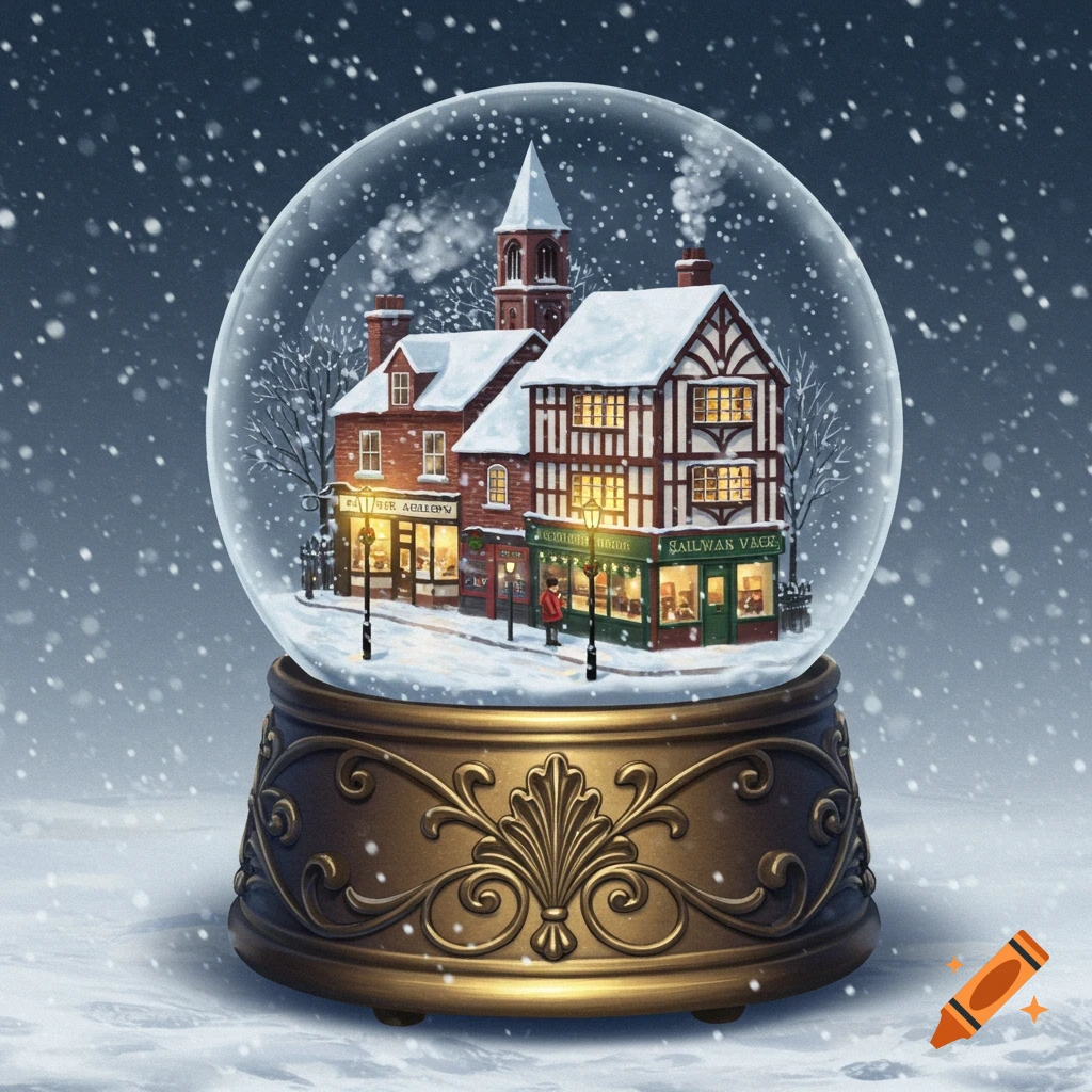 A detailed illustration of a cozy, snow-covered village scene within a snowglobe, featuring historic-looking buildings with warm lights.
