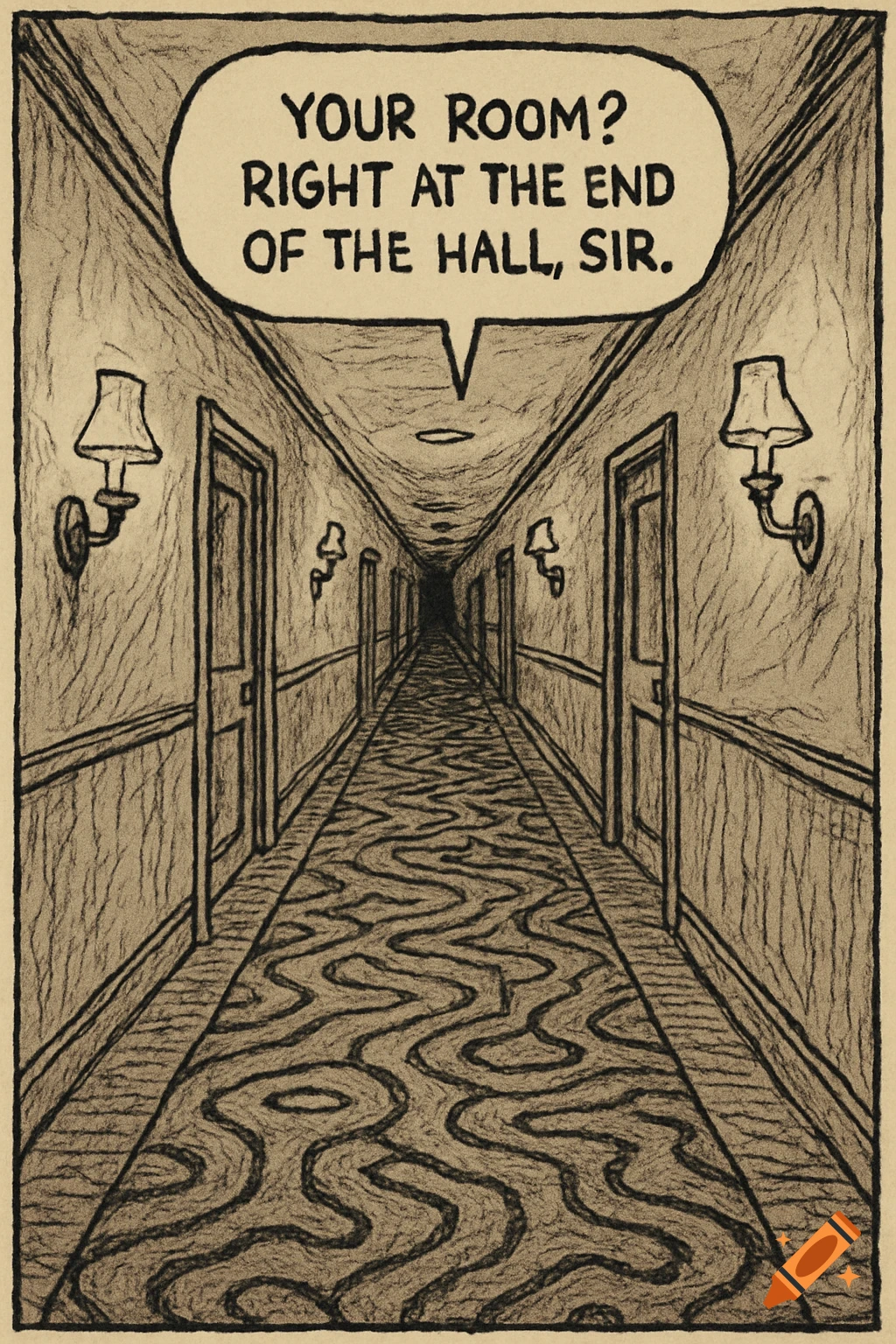 A comic-style illustration of a long, dark hotel corridor with a speech bubble saying "Your room? Right at the end of the hall, sir."