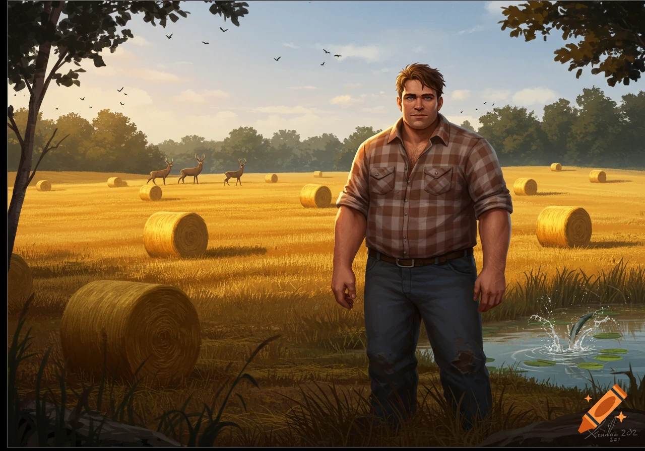 A strong man in a plaid shirt stands in a golden hay field with bales, deer, and a pond where a fish jumps.