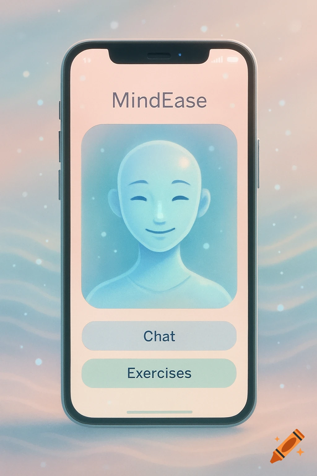 A smartphone displays a pastel MindEase AI wellness app with a blue avatar and 'Chat' and 'Exercises' buttons.