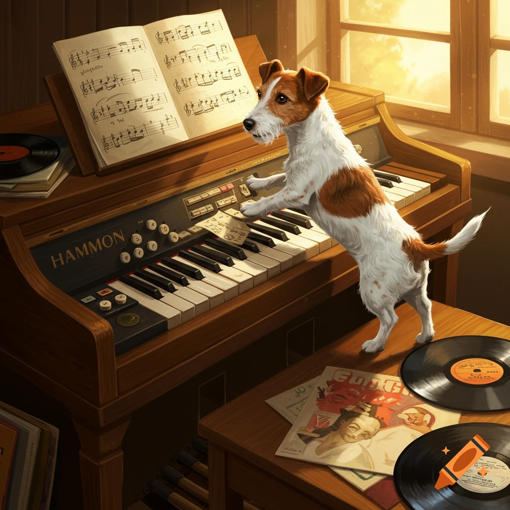 A Jack Russel dog stands on its hind legs at a Hammond organ, appearing to play the keys, with sheet music and vinyl records nearby.