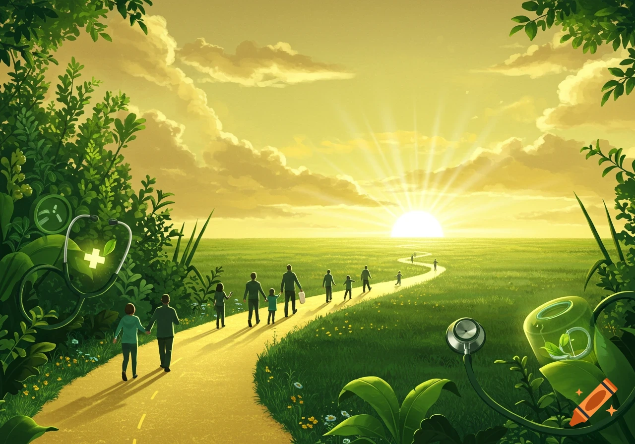 Illustration of people walking on a winding path through a vibrant green landscape towards a sunrise, with health symbols.