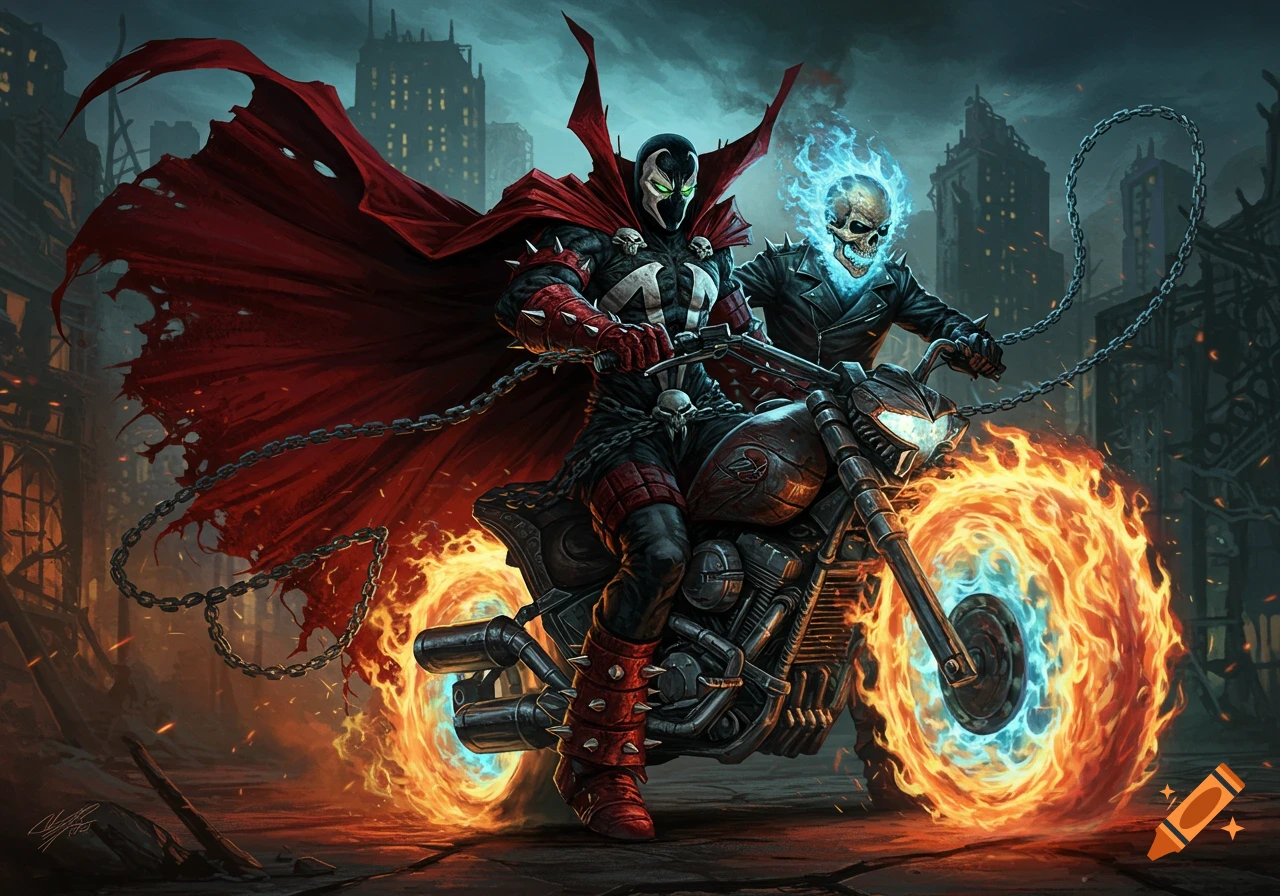 Spawn and Ghost Rider ride a flaming motorcycle through a desolate, ruined city in a dark comic art style.