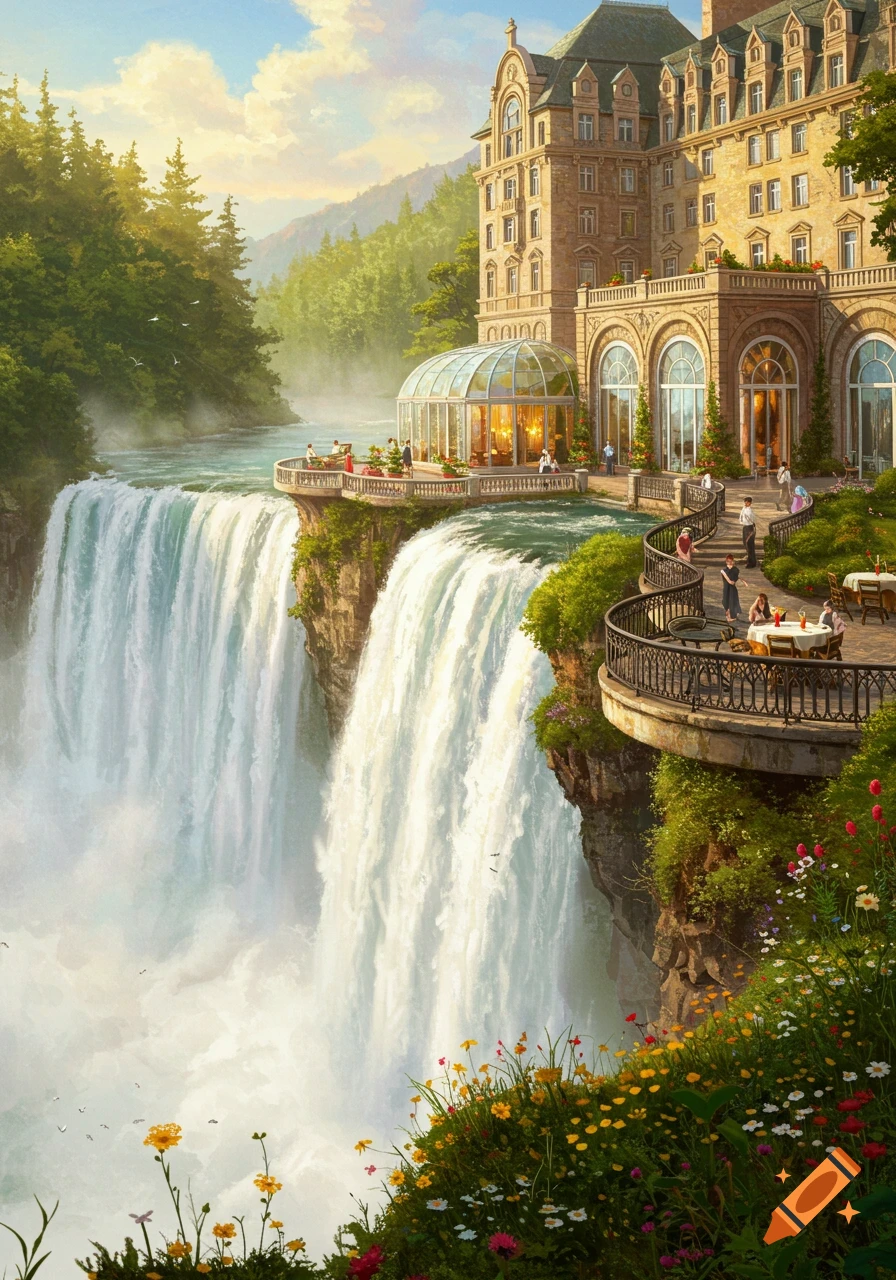 A grand hotel with a glass dome restaurant overlooking a powerful waterfall, surrounded by lush green forests and blooming flowers.