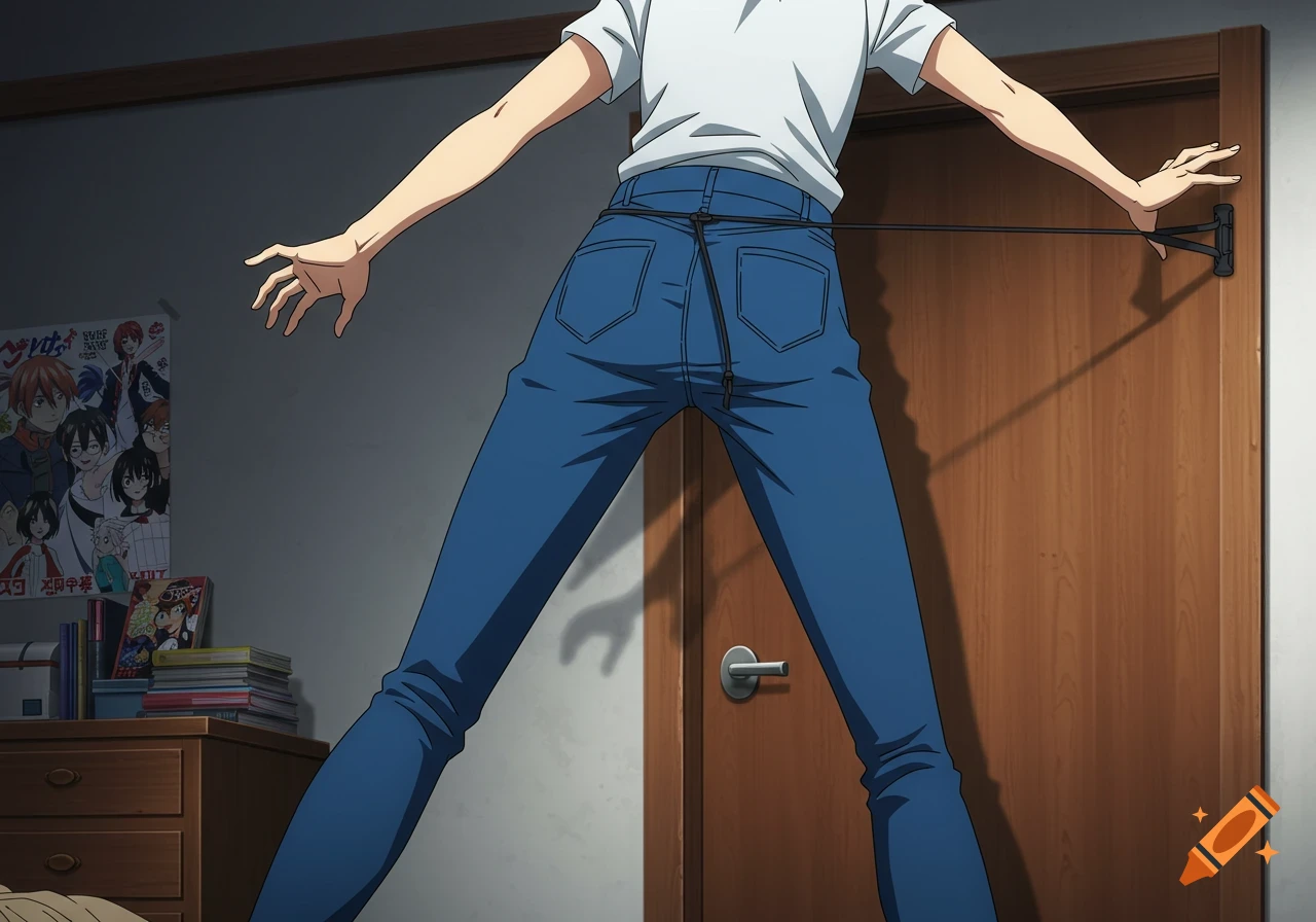 Anime character from behind, wearing blue jeans and a white t-shirt, tied by a black cord to a wooden bedroom door.