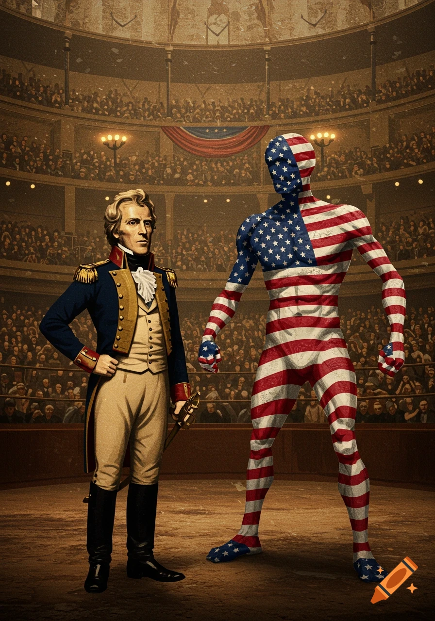Andrew Jackson in military uniform stands beside a muscular human figure covered in an American flag pattern, both within a packed historical arena.