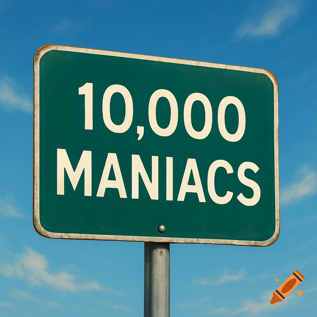 A green American freeway sign with the white text '10,000 MANIACS' on it, against a clear blue sky.