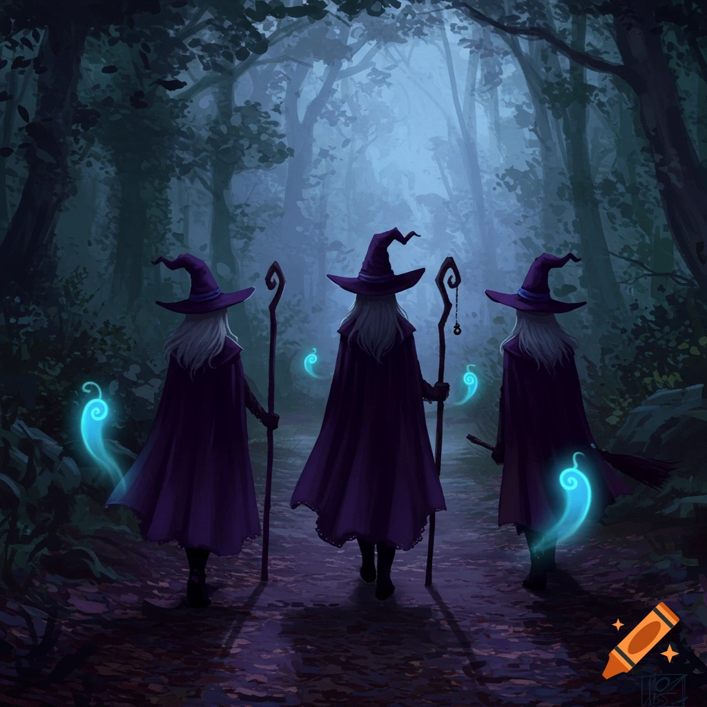 Three cloaked witches in pointed hats and with staffs walk away into a dark, misty forest, glowing with blue magic.