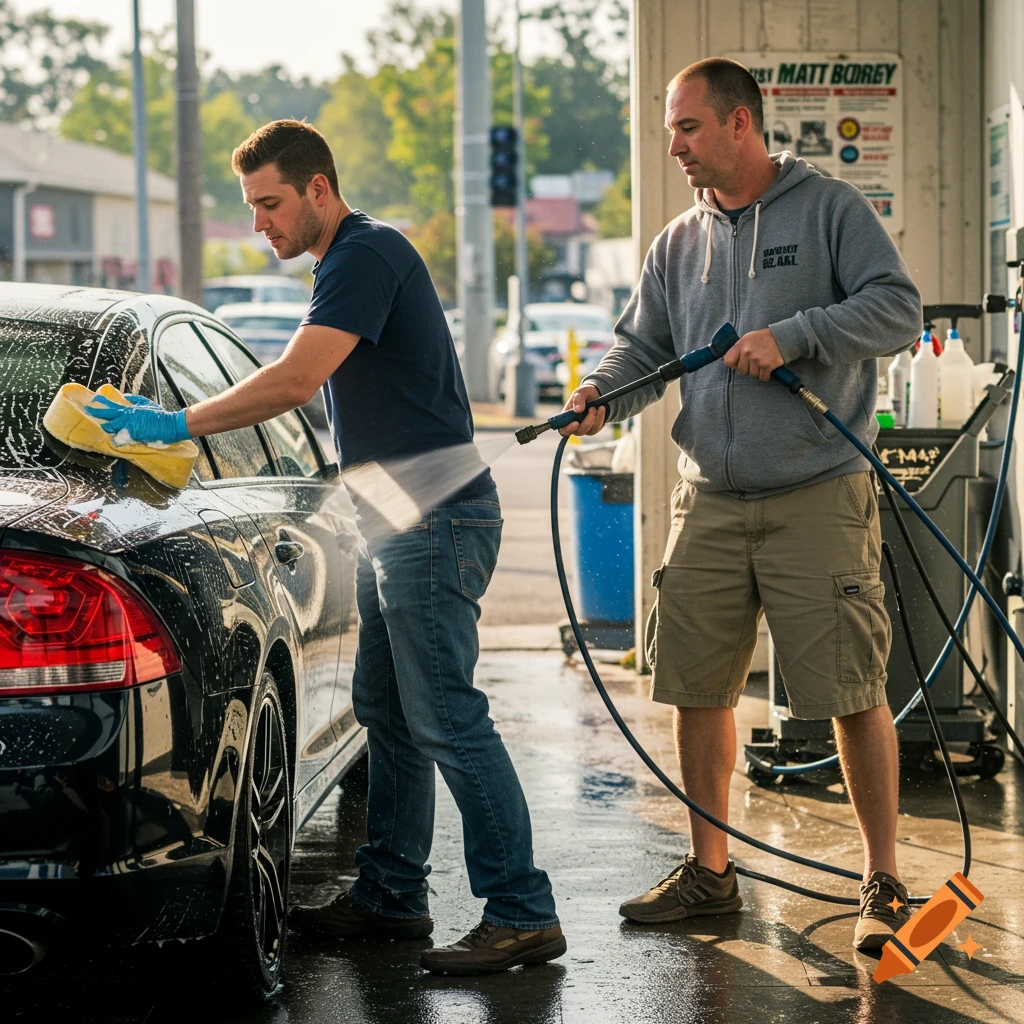 Two men washing a black car at a carwash, one sponges the car, the other sprays it with a hose.