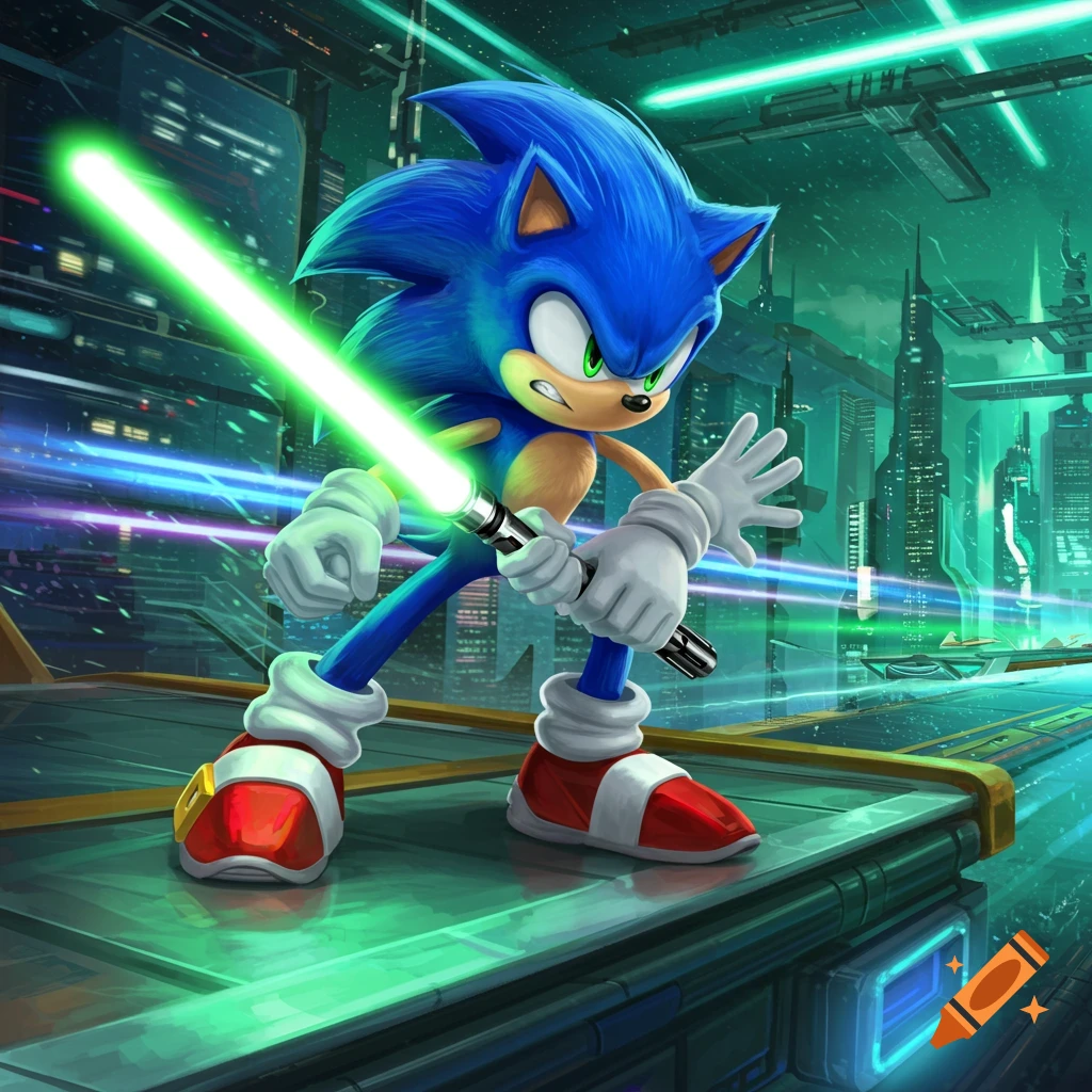 Sonic the Hedgehog wielding a glowing green lightsaber in a futuristic city with bright neon lights.