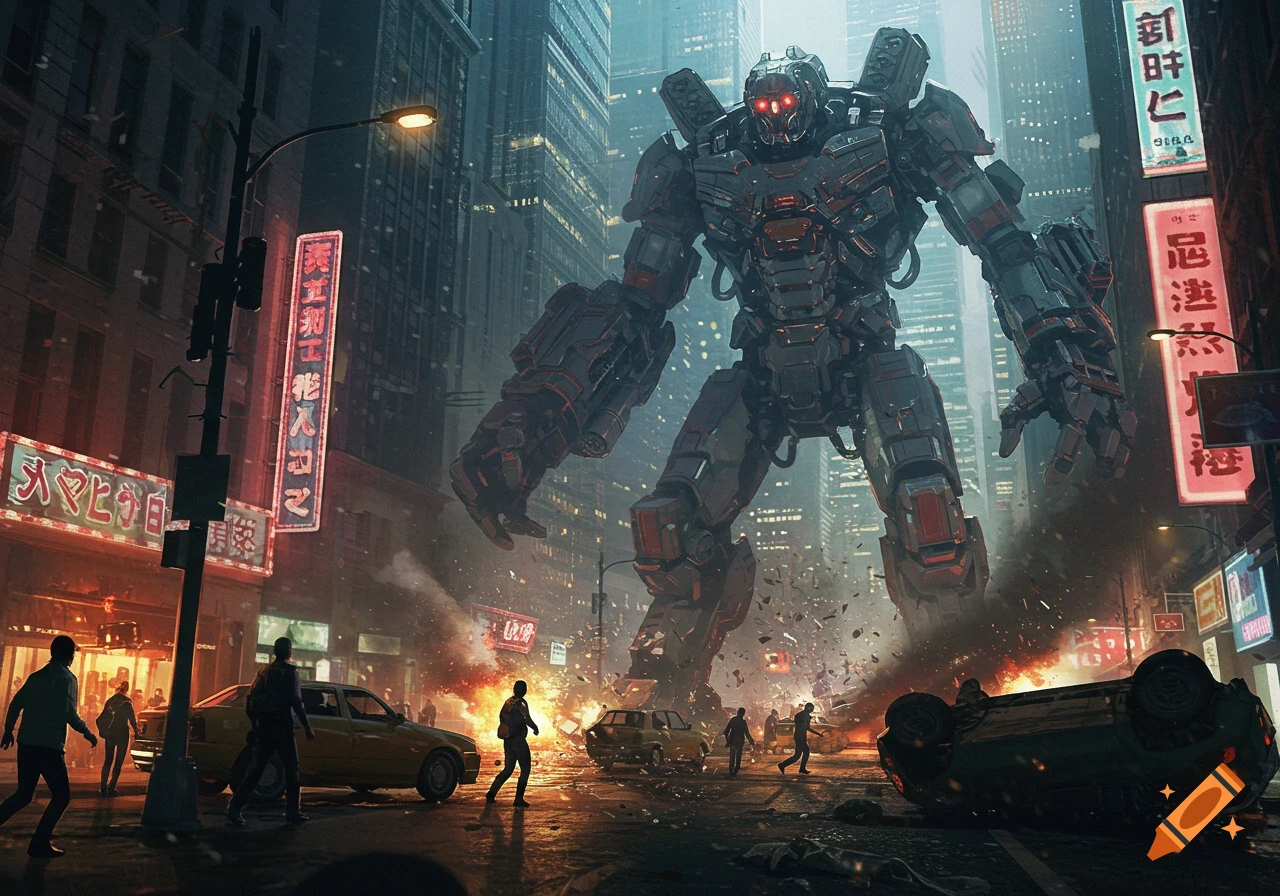 A towering, menacing robot with glowing red eyes stands in a futuristic city street, causing destruction as people flee and fires burn.