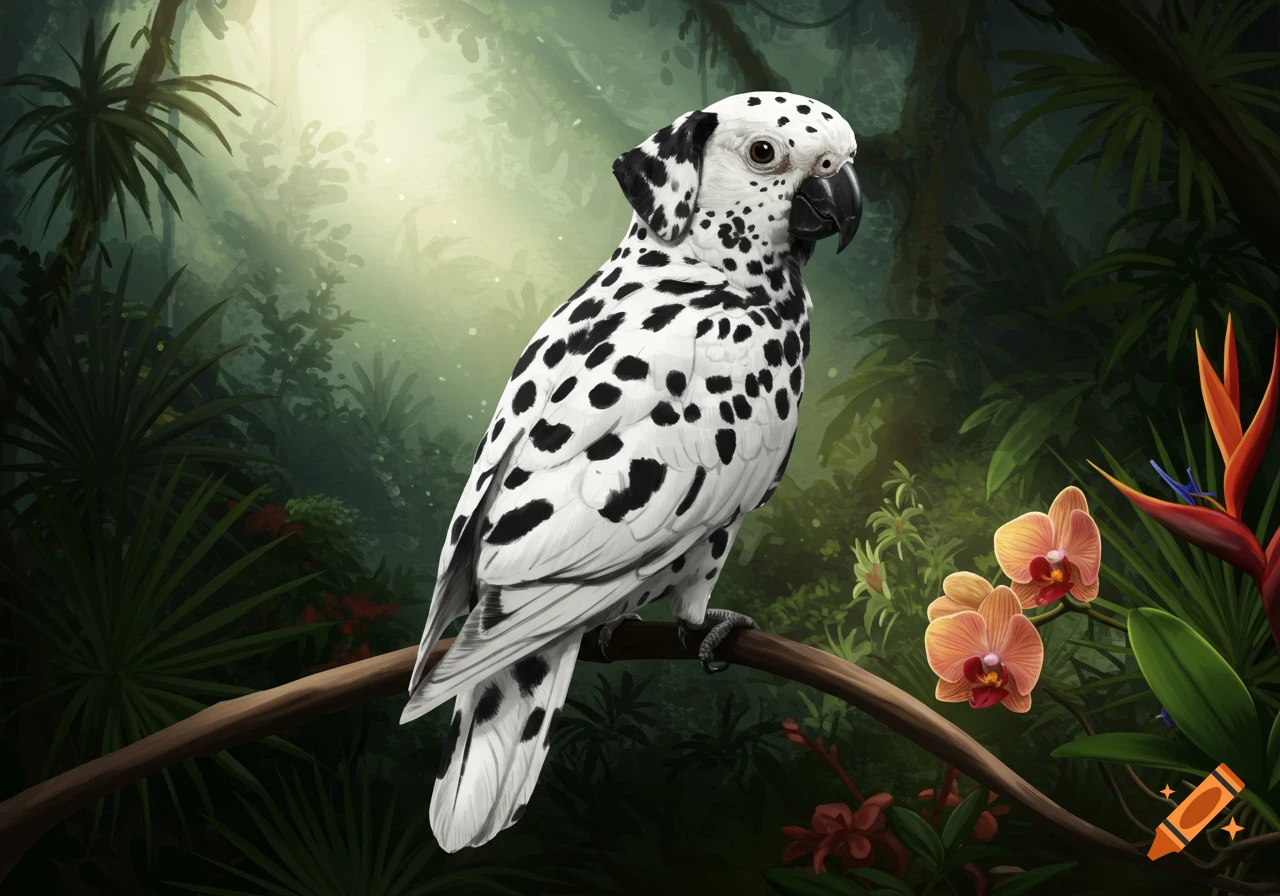 A white parrot with black dalmatian spots perches on a branch in a vibrant jungle with tropical flowers, digital illustration.