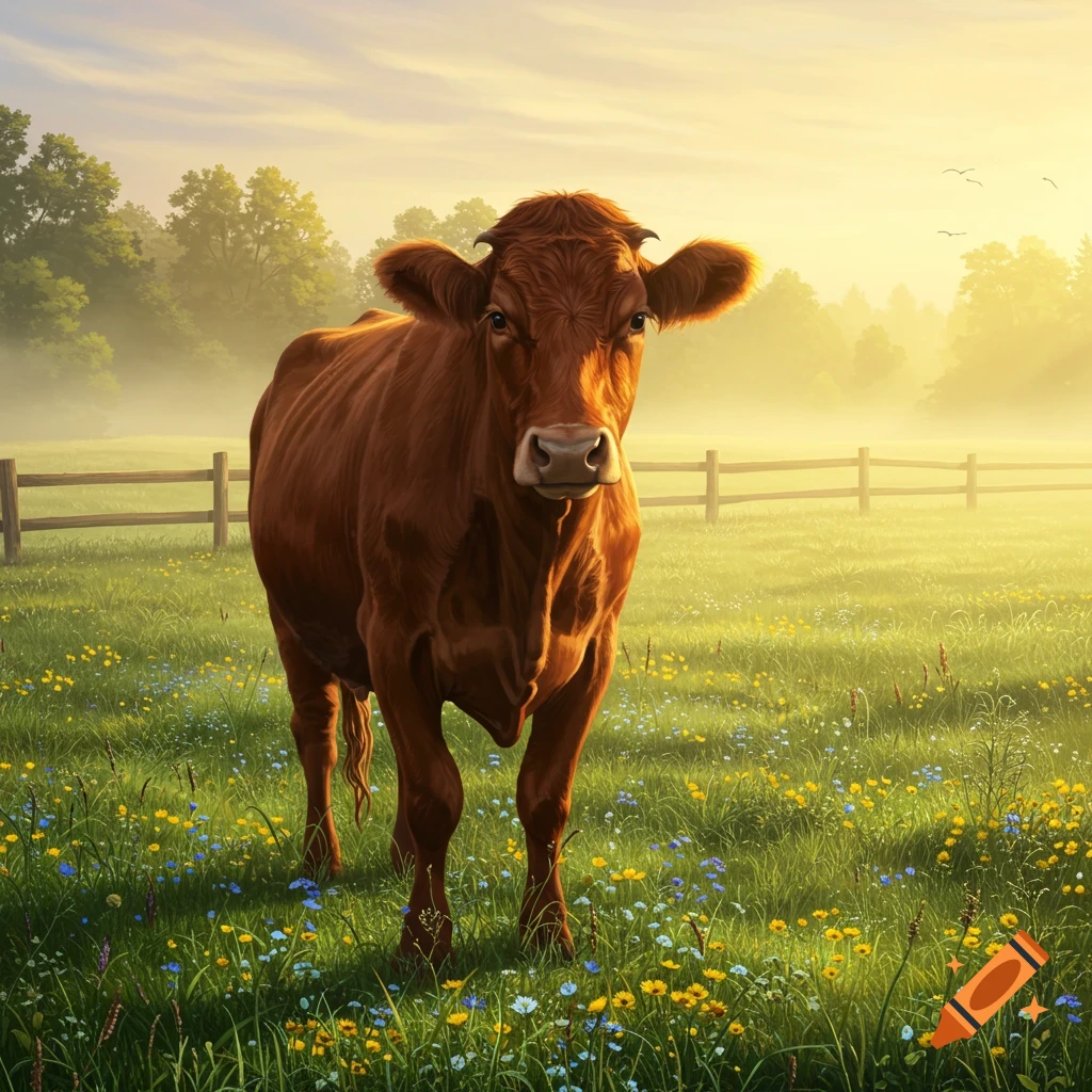 A brown cow stands in a sun-drenched green field filled with yellow and blue wildflowers. A wooden fence and trees are in the misty background.