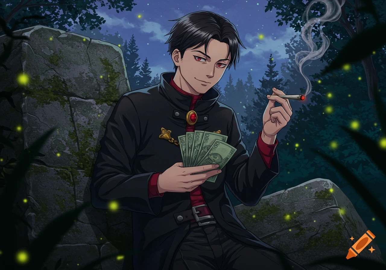 Anime man with red eyes holds a lit joint and fanned money in a dark forest with glowing fireflies and an ancient stone.