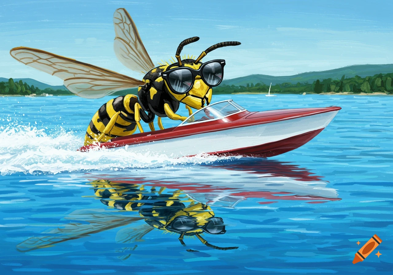 A cartoon wasp wearing sunglasses drives a red and white speedboat across a blue lake, leaving a white wake. Green hills line the horizon under a clear sky.