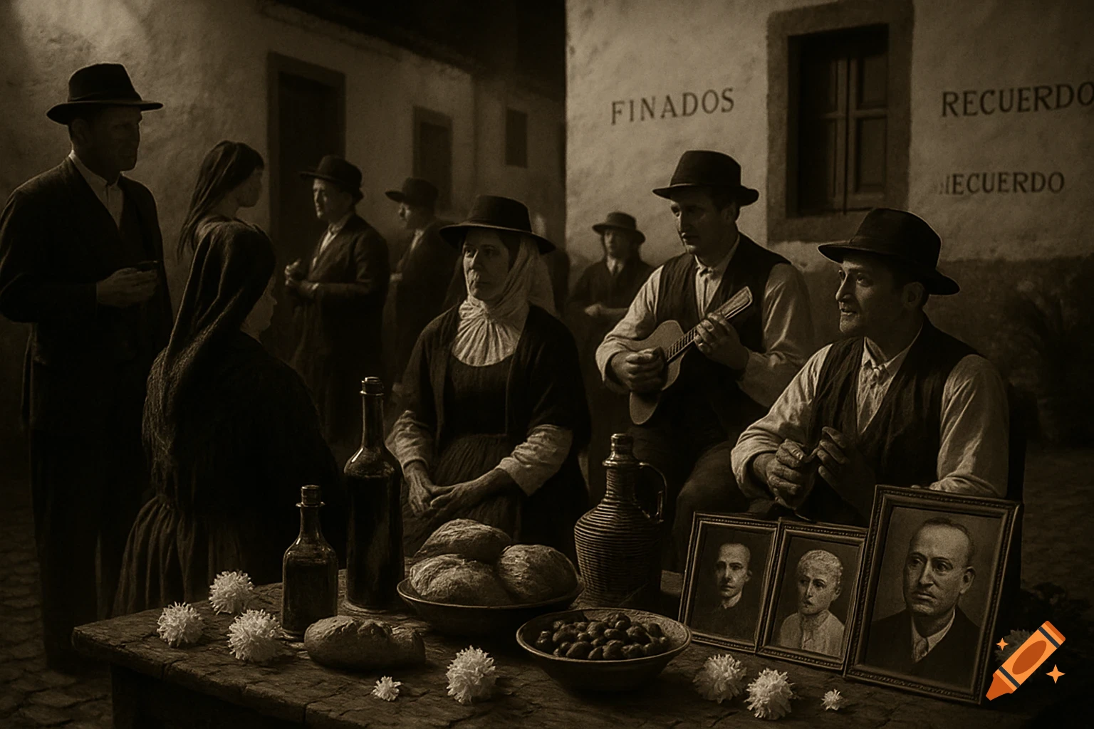 A sepia-toned scene of people in traditional attire gathered around a table with food, bottles, and framed portraits. A man plays a string instrument. Text on the wall reads "FINADOS" and "RECUERDO".