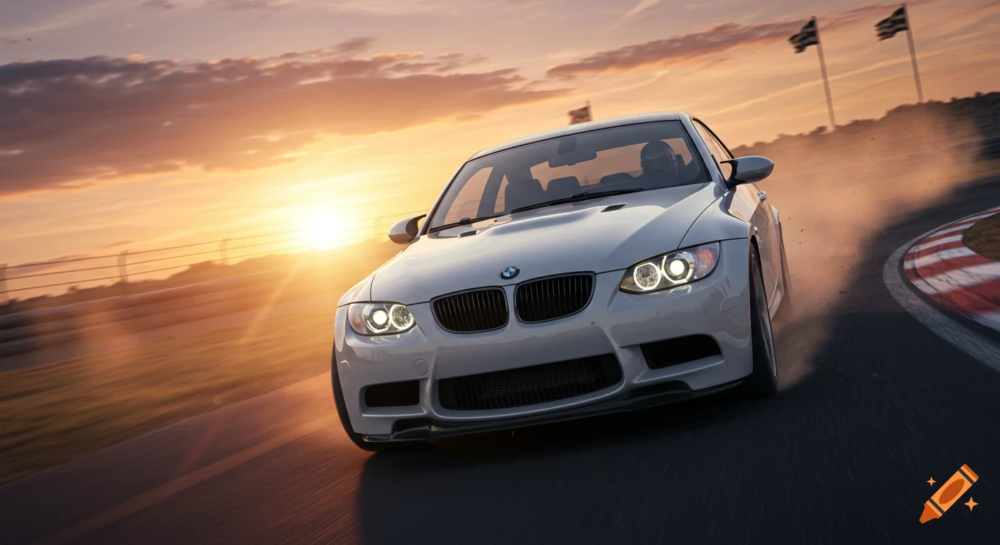 White BMW M3 Coupe races on a track, kicking up dust, with a golden sunset in the background.