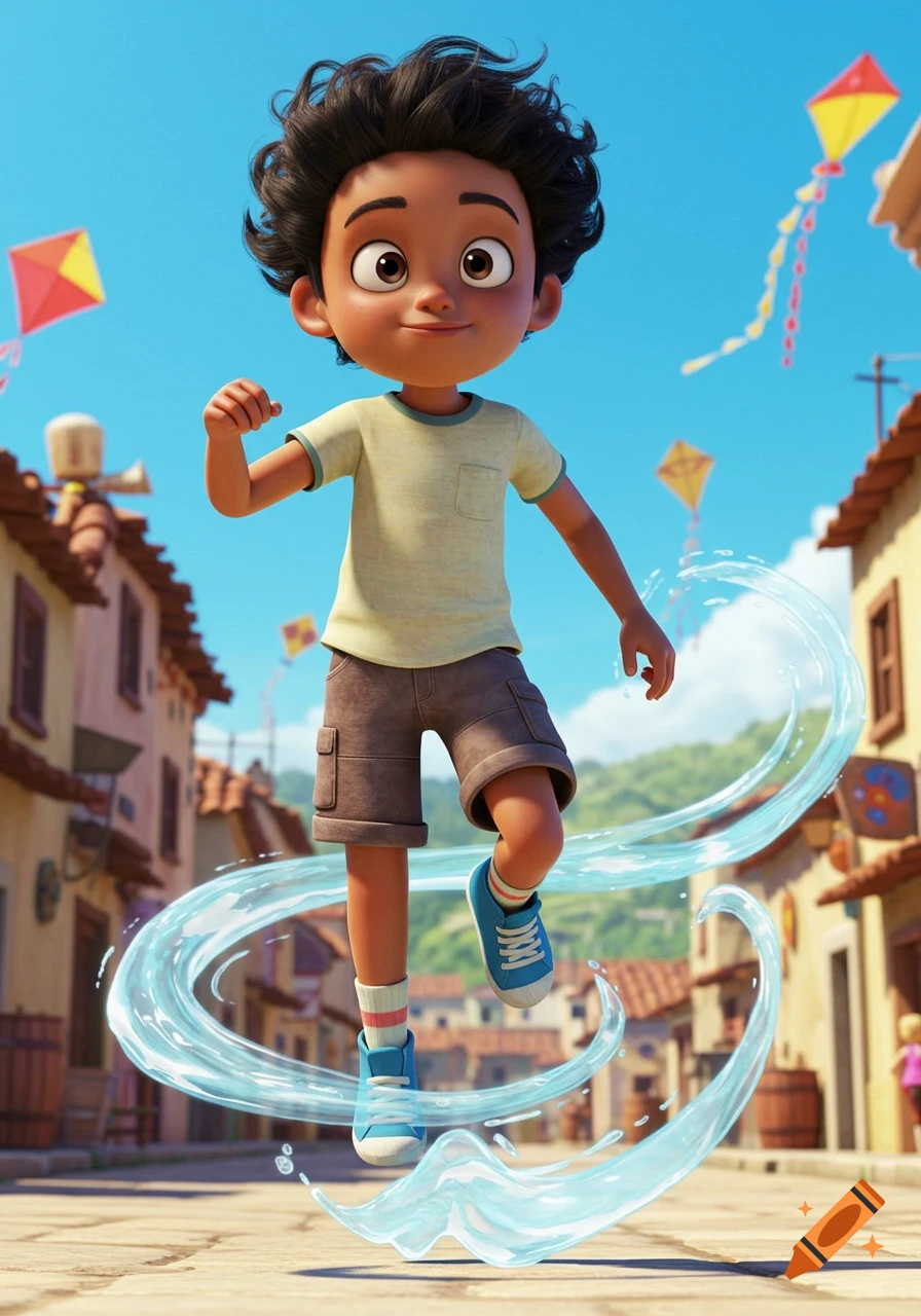 An animated boy, Rizzle, propels himself through a bustling village with swirling blue water from his feet, surrounded by kites.
