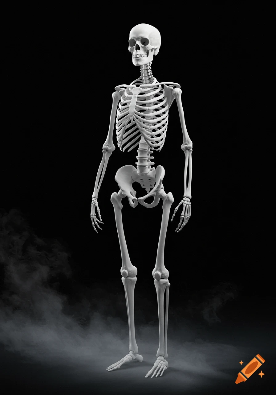 A full human skeleton stands upright, illuminated against a dark background with subtle smoke at its base.