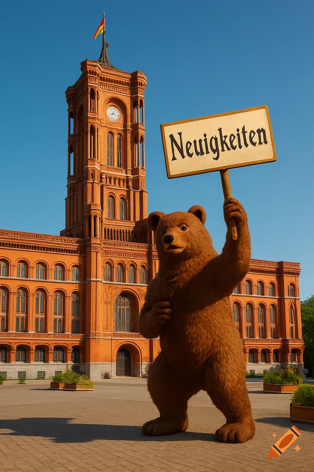 Photorealistic image of a brown bear holding a 'Neuigkeiten' sign in front of Berlin's Red City Hall under a clear sky.
