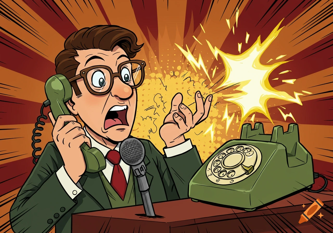 A man in pop art style, shocked by an electric spark from a vintage rotary phone while speaking into a microphone.