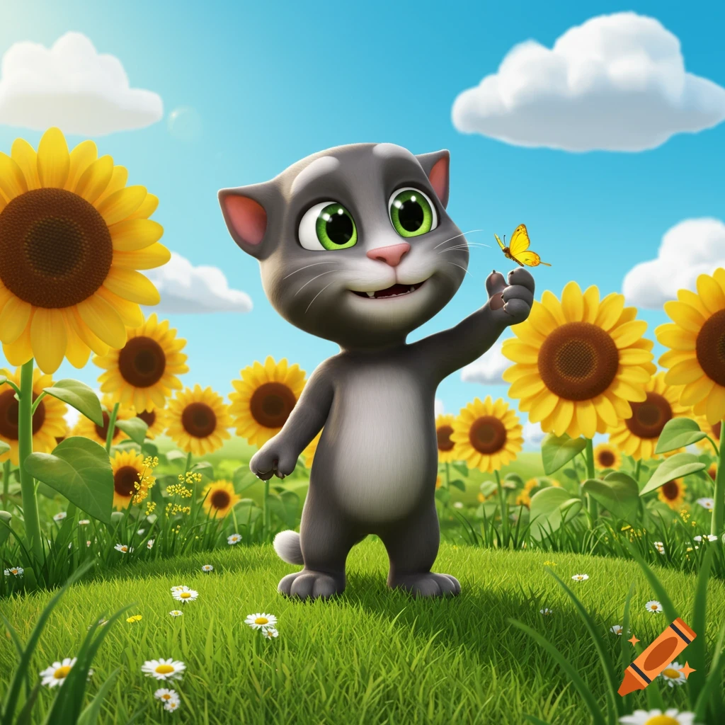 Cartoon cat character, similar to My Talking Tom, looking at a yellow butterfly on its finger in a field of sunflowers.