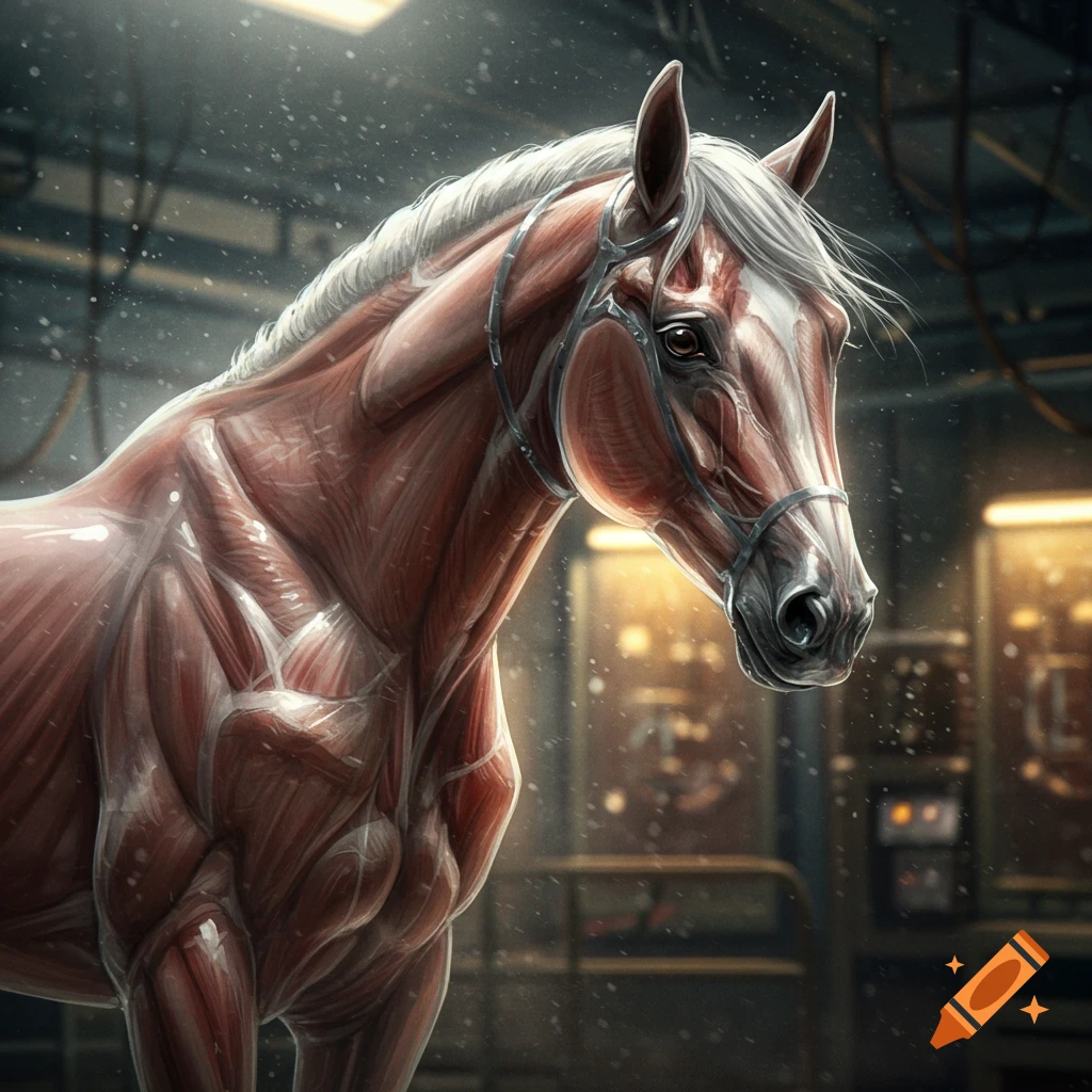 Photorealistic anatomical depiction of a horse's exposed musculature, appearing vacuum-sealed, in a dim industrial setting.