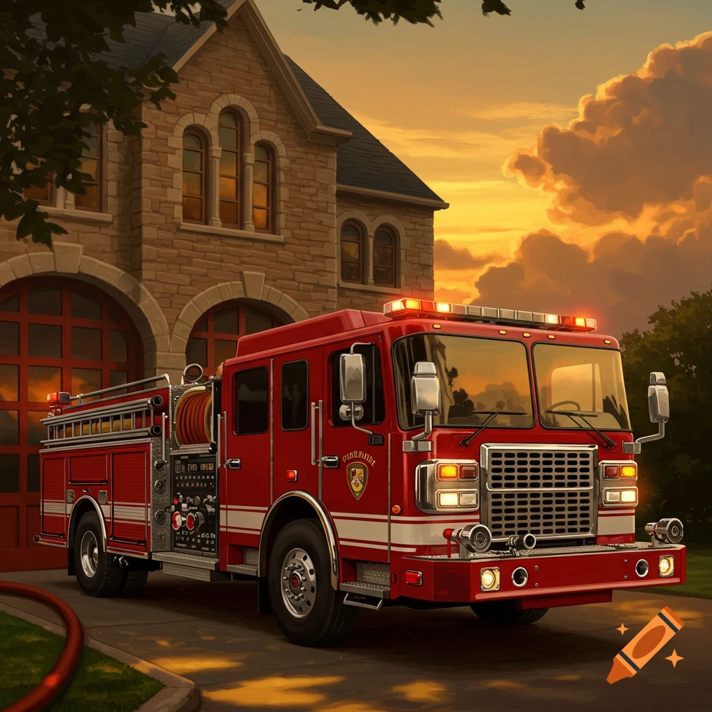 A red fire truck is parked in front of a brick fire station building at sunset, with warm light reflecting off its windows.