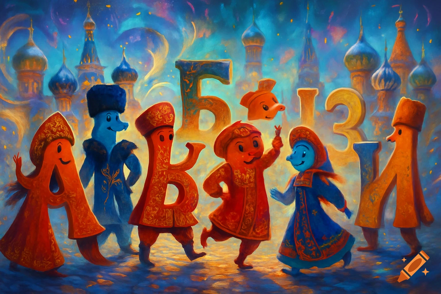 Colorful, stylized painting of anthropomorphic Russian alphabet letters dancing in traditional attire against a backdrop of onion-domed buildings.
