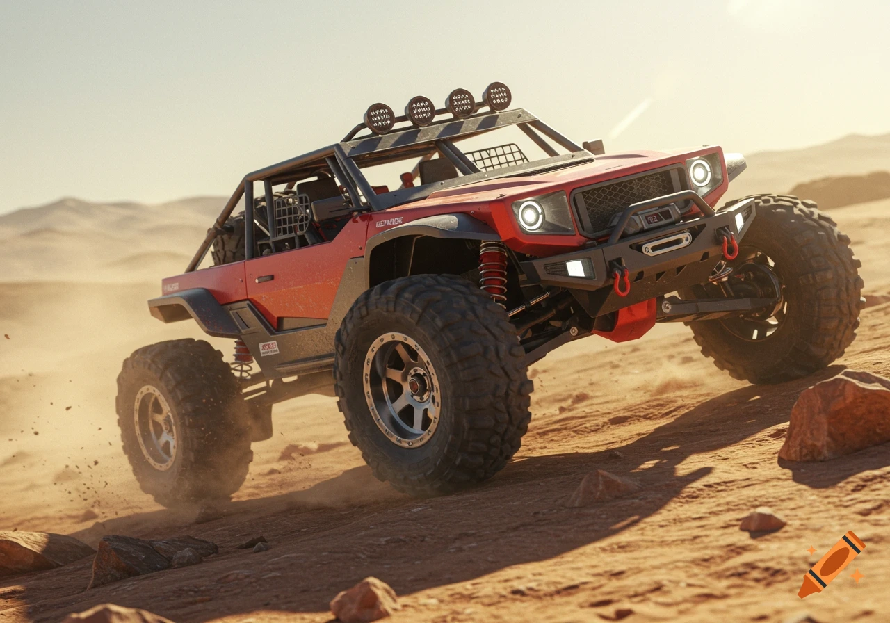 A red off-road buggy with large tires drives up a sandy dune in a desert landscape under a bright sky, photorealistic style.